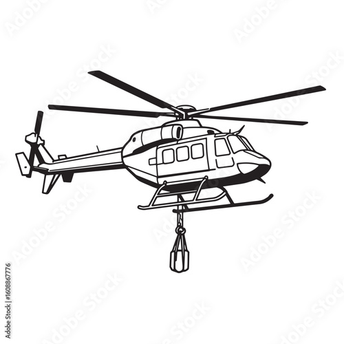 Black and white illustration of a helicopter with water bucket for firefighting operations