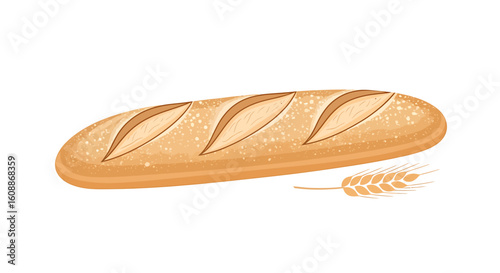 Artistic illustration of a freshly baked baguette with wheat stalk accentuating its homemade and
