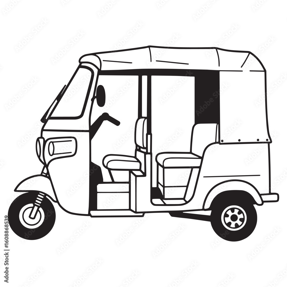 Black and white illustration of an auto rickshaw a popular mode of transportation in asia Black and white illustration of an auto rickshaw a popular mode of transportation in asia