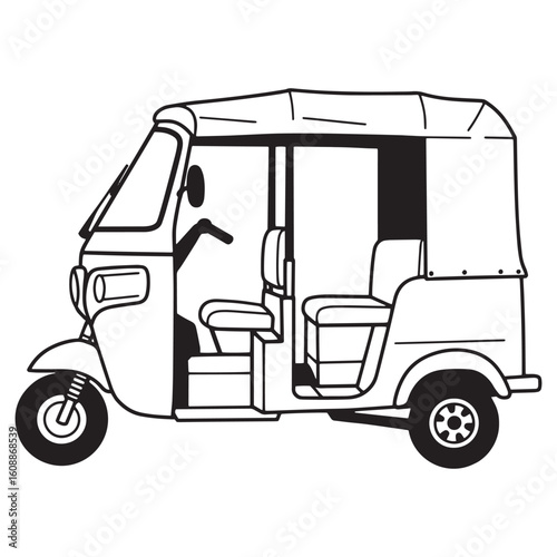 Black and white illustration of an auto rickshaw a popular mode of transportation in asia