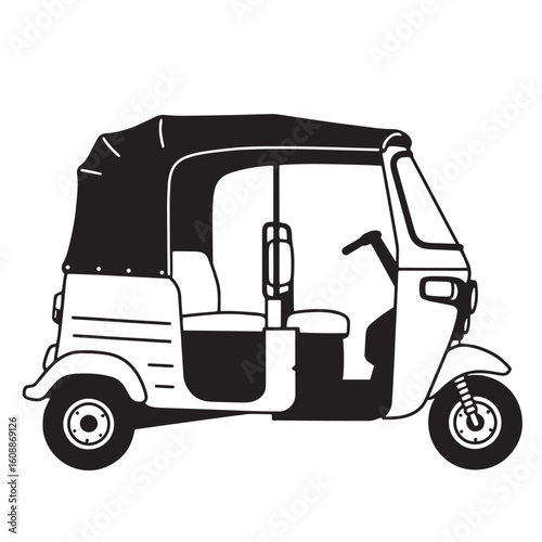 Black and white line drawing of a classic indian auto rickshaw or tuk tuk vehicle