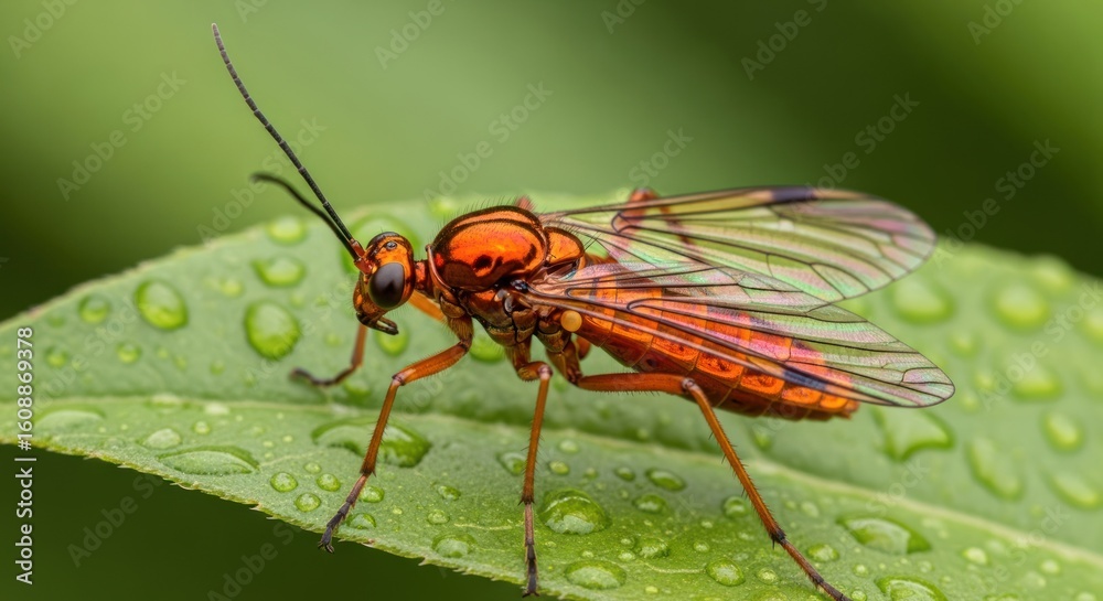 Fototapeta premium Close-up of a vibrant orange insect on a dewy leaf