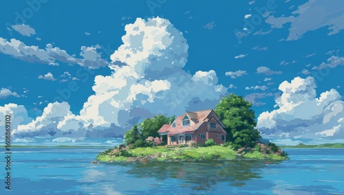 Pastel-toned island home in a tranquil lake, bright sky with fluffy clouds