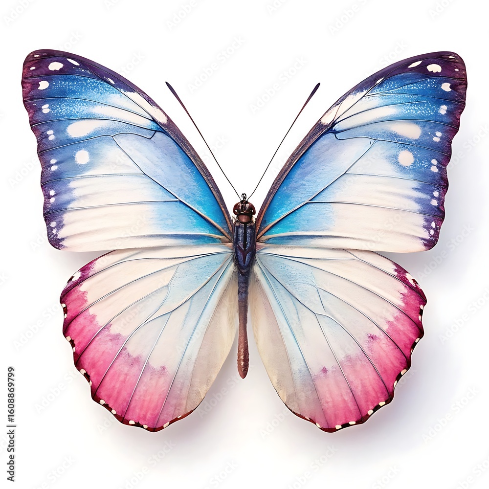Fototapeta premium A colorful butterfly with blue and pink wings is isolated on white background