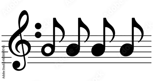 Black Musical Notes With Treble Clef on Five Lines Staff on White Background