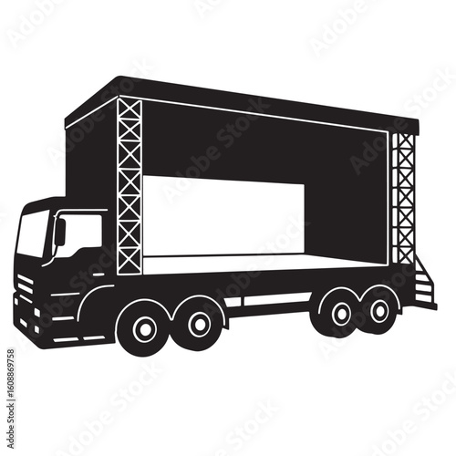 Black and white vector illustration of a mobile concert stage truck ready for an event.