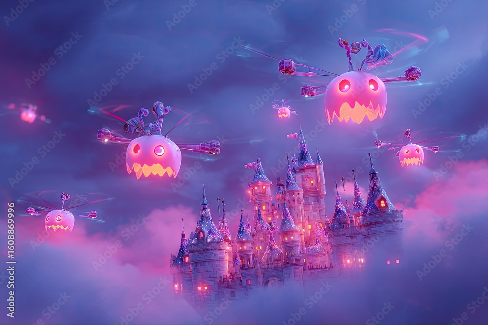 Obraz premium Pastel robot witch kids trick or treating in front of a cute digital haunted house run by friendly.