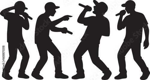 set of hip hop singers with microphones silhouette design vector illustration