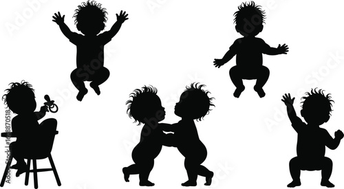 Silhouette of playful baby toddlers jumping, sitting, playing with toy, standing, interacting, isolated on white background, vector cartoon illustration.

 flat vector illustration