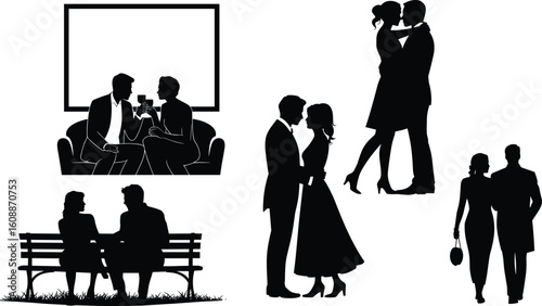 Silhouette of romantic couples dating, kissing, walking, sitting on bench, drinking wine, showing affection, relationship bonding, evening moment, love scene.

 flat vector illustration