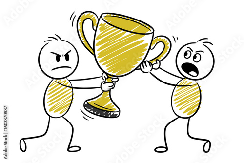 Jealous stick figures fight over a trophy. Perfect for illustrating rivalry, competition, envy, or winning in a humorous manner.