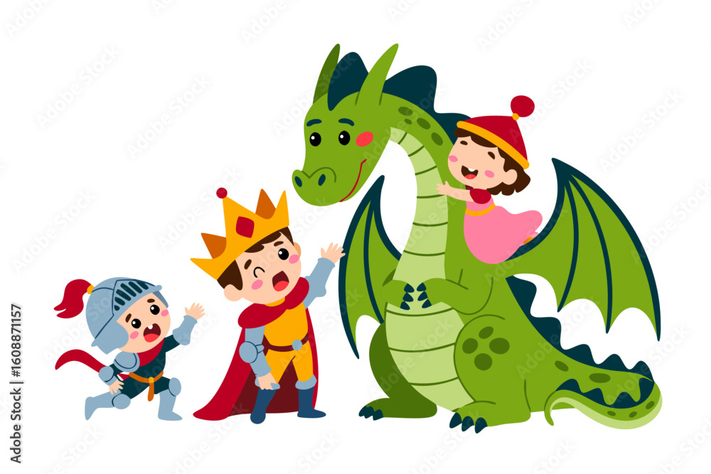 Fototapeta premium Jealous vector of king, knight, girl, and dragon feeling envy. Perfect for illustrating competitive scenarios in fantasy themed designs and storytelling.