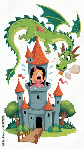 Jealous green dragon cartoon threatens princess in tower. Ideal for childrens books, fantasy illustrations, and storytelling visuals needing excitement.