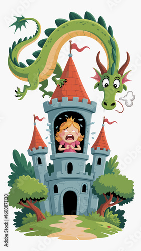 Jealous green dragon cartoon threatens princess in tower. Ideal for childrens books, fantasy illustrations, and storytelling visuals needing excitement.