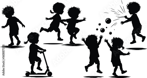 Silhouette of toddlers playing, running, scootering, blowing bubbles, jumping, exploring, joyful motion, childhood activity, fun moments, carefree happy children outdoors.

 flat vector illustration