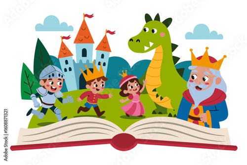 Jealous vector art of a storybook scene with king, knight, dragon, children, and castle. Suitable for childrens book illustrations.