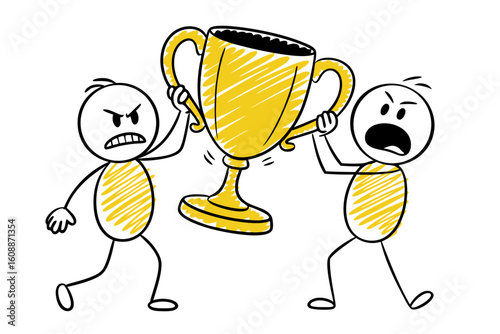 Jealous stick figures fight over a trophy. Perfect for illustrating rivalry, competition, envy, or winning in a humorous manner.