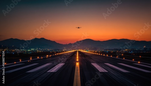 Runway at sunset, plane taking off