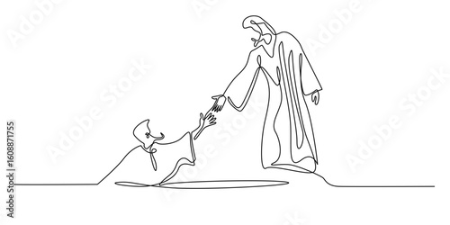 A continuous one line drawing of Jesus Christ reaching out to help a fallen person. A minimalist Christian artwork symbolizing grace, salvation, compassion, and divine support.