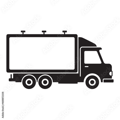 Simple black and white vector illustration of a delivery truck with blank billboard space