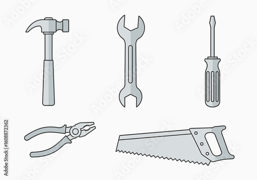 Illustration of a hammer, wrench, screwdriver, pliers, and saw arranged on a white background.