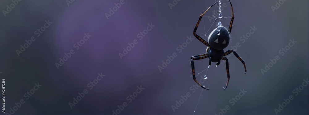 Fototapeta premium A dark spider with white markings and water droplets hanging on a delicate dew-covered web, Halloween concept.