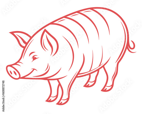 Smiling red outline illustration of a pig suitable for farming agriculture or logo design.