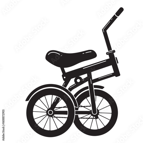 Vintage black and white illustration of a classic toddler tricycle with simple design