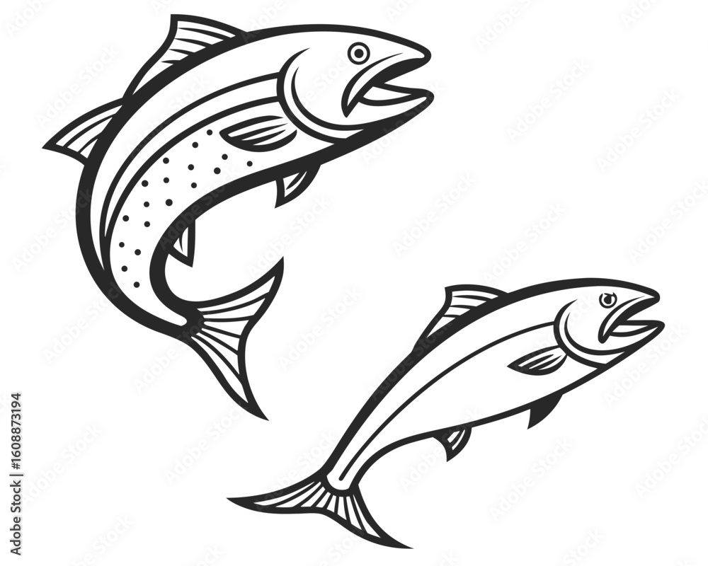 Fototapeta premium Vector illustration of two stylized salmon fish in black and white isolated on white background.