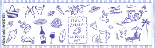 Charming Italian coastal life scene with fresh food, wine, glass, beach accessories and other Mediterranean symbols with summer vacation mood. Relaxed crayon sketch vector illustration.