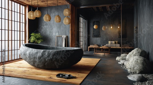 Interior of a luxurious spa bathroom with stone tub and open-plan sitting area