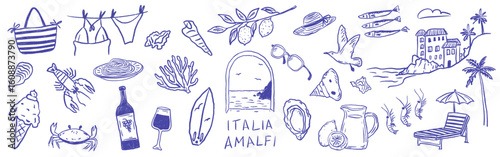 Playful Italian seaside collection coast, featuring beach life, seafood, citrus, and handwritten accents with summer vacation mood. Relaxed crayon sketch vector illustration for travel prints.