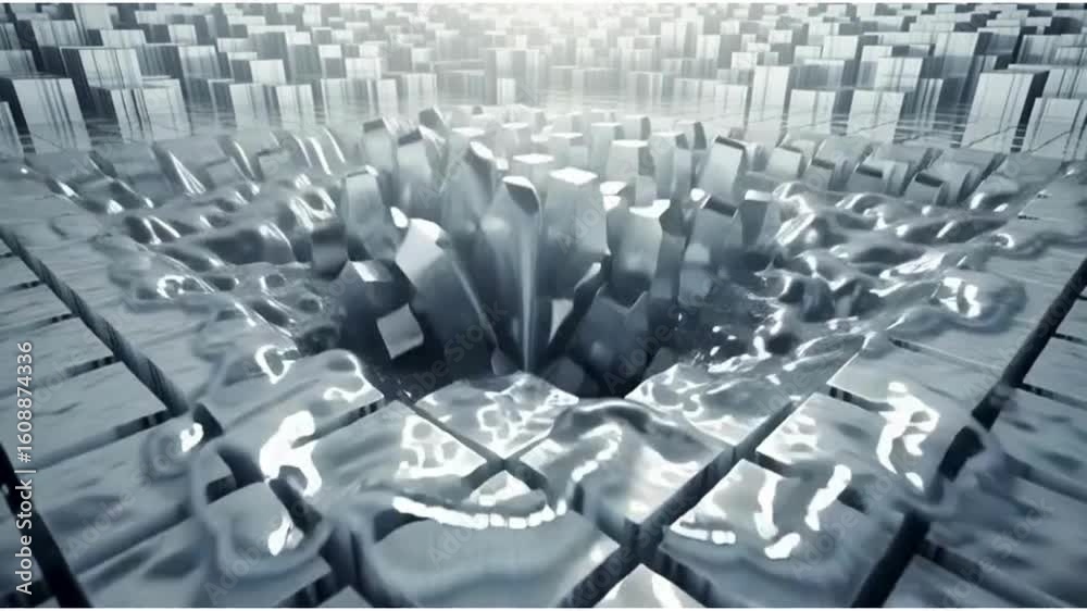 3D cubes melt into liquid metal in a smooth surreal loop, perfect for abstract tech or design themes.