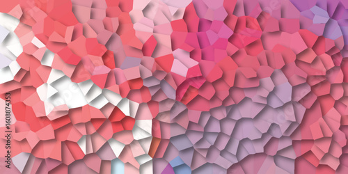 Abstract mosaic pattern in shades of pink and purple with geometric forms and shading creating depth in a decorative design