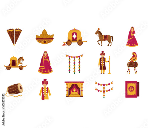 Wedding icons Flat Icon Set South Asian Marriage Symbols