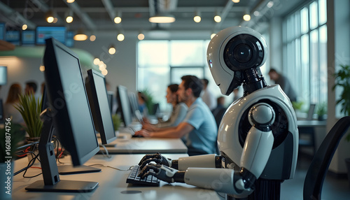 Artificial intelligence robot worker operating a computer in a busy modern office environment