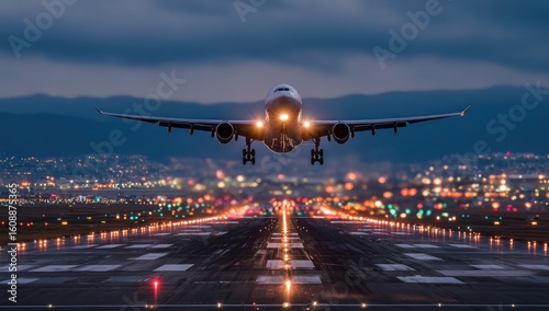 Airplane landing at night over city