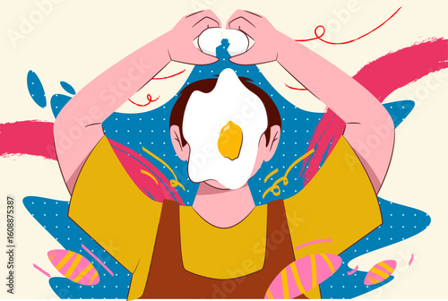 Funny and symbolic scene of a person cracking an egg on their head, where the egg becomes their face.