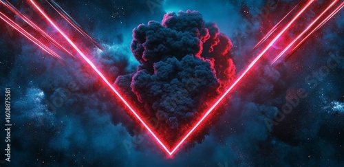 A dark blue background with red and pink neon laser beams shooting from the top right corner. In front of it is an explosion of black smoke that forms the shape of a triangle