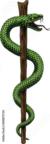 Rod of Asclepius staff medical symbol. Intertwined snake around a rod or wooden staff. Often mistakenly called a Caduceus. Doctor icon for medicine and health care. Vintage woodcut etching style.