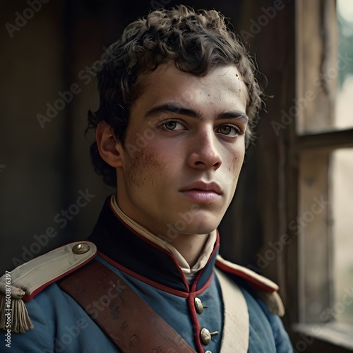 Young revolutionary soldier with bruised face and worn uniform gazes forward