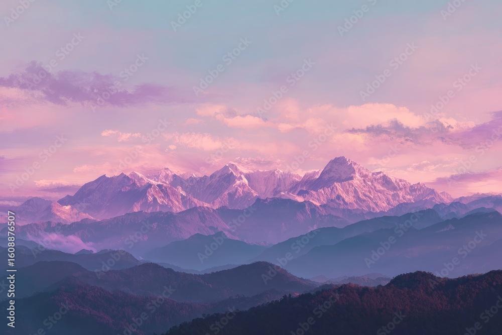 Obraz premium Sunrise over a majestic mountain range. Soft pastel hues paint a tranquil landscape