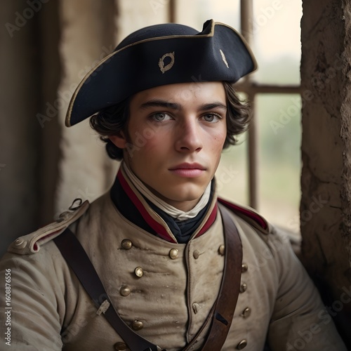 French revolutionary soldier with determined expression wearing traditional army outfit.