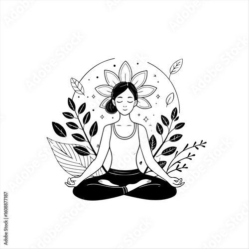 Minimal Line Art Illustration of a Woman Meditating in Lotus Pose Surrounded by Leaves and Floral Elements