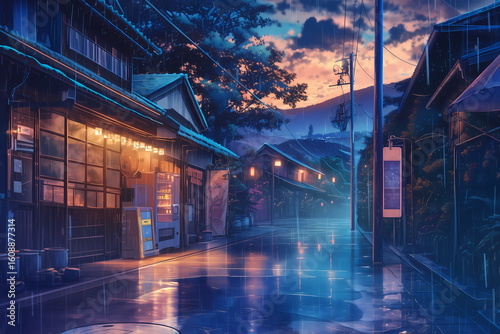 雨が降る夜の街並み （イラスト・風景・背景・壁紙）