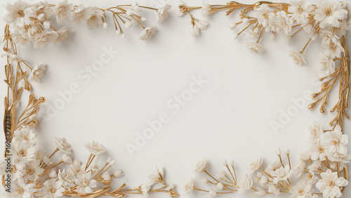 Elegant frame of white flowers and golden branches on a white background creating a soft border