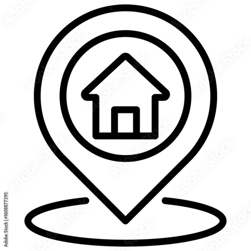 Home Location Outline Icon Vector Design - Home symbol inside location pin with base shadow, representing fixed residence or address