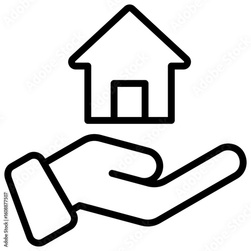 House Offer Outline Icon Vector Design - Hand offering a house symbol, representing property sale, offer, or housing support
