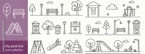 city park line icons collection. thin outline icon.
