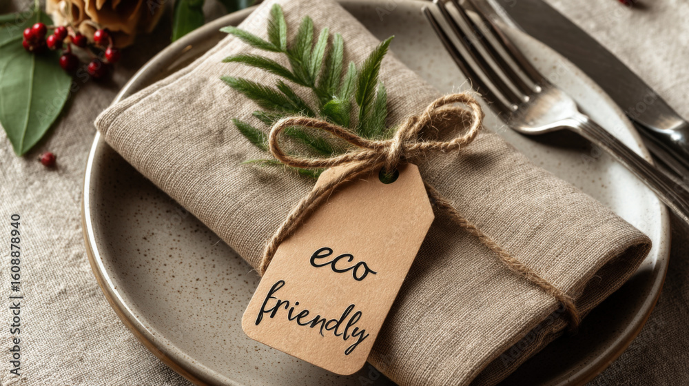 Fototapeta premium Realistic Close-Up of Biodegradable Plate with Napkin and Tag